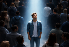 Pessoa em destaque sob um feixe de luz em meio à multidão representando posicionamento estratégico no marketing digital