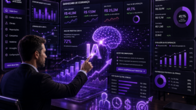 Executivo analisa operação de cobrança com inteligência artificial e dashboards de comportamento financeiro