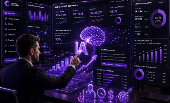 Executivo analisa operação de cobrança com inteligência artificial e dashboards de comportamento financeiro
