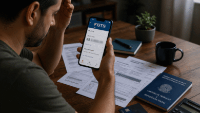 Trabalhador analisa saldo do FGTS no celular enquanto organiza dívidas e boletos