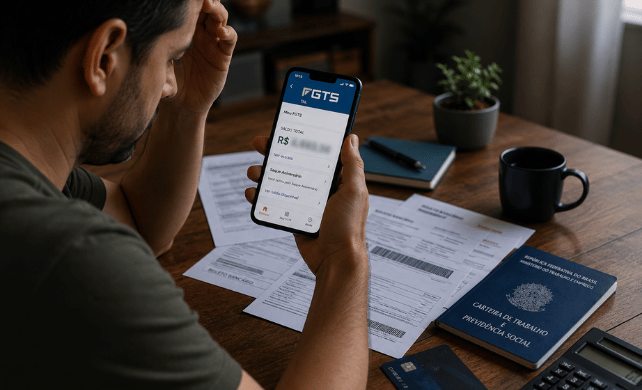 Trabalhador analisa saldo do FGTS no celular enquanto organiza dívidas e boletos