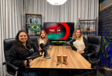 Alessandra Bonini, Bianca Marques e Keli Cruz durante gravação do podcast Jornada do Cliente no estúdio ContraPonto