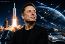 Elon Musk com elementos da SpaceX, Tesla e Starlink representando o crescimento de suas empresas de tecnologia