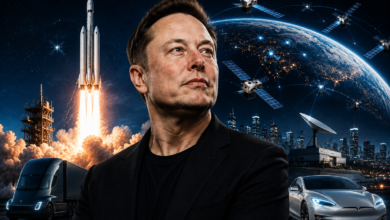 Elon Musk com elementos da SpaceX, Tesla e Starlink representando o crescimento de suas empresas de tecnologia