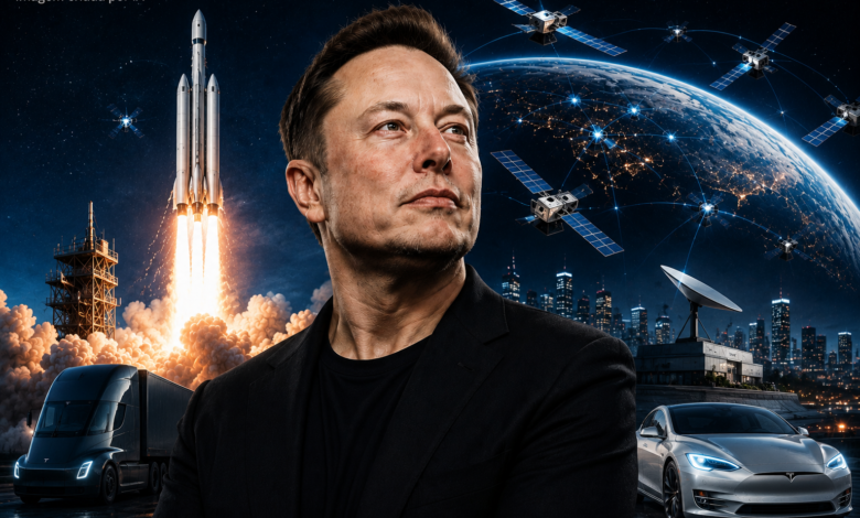 Elon Musk com elementos da SpaceX, Tesla e Starlink representando o crescimento de suas empresas de tecnologia
