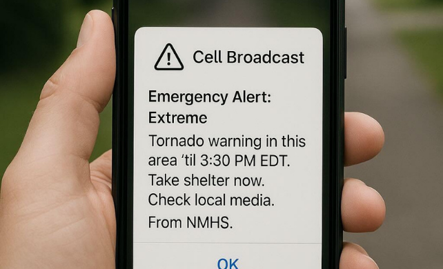 Tela de celular exibindo um alerta Cell Broadcast, ilustrando o ataque hacker ao sistema da Defesa Civil e o envio de mensagens falsas para milhões de brasileiros.