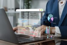 Executivos analisam dados e dashboards em ambiente corporativo representando a inteligência artificial aplicada aos negócios