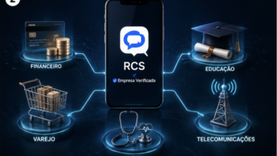 Smartphone com tecnologia RCS conectado aos setores financeiro, varejo, saúde, educação e telecomunicações, representando a transformação do celular em um canal de negócios.