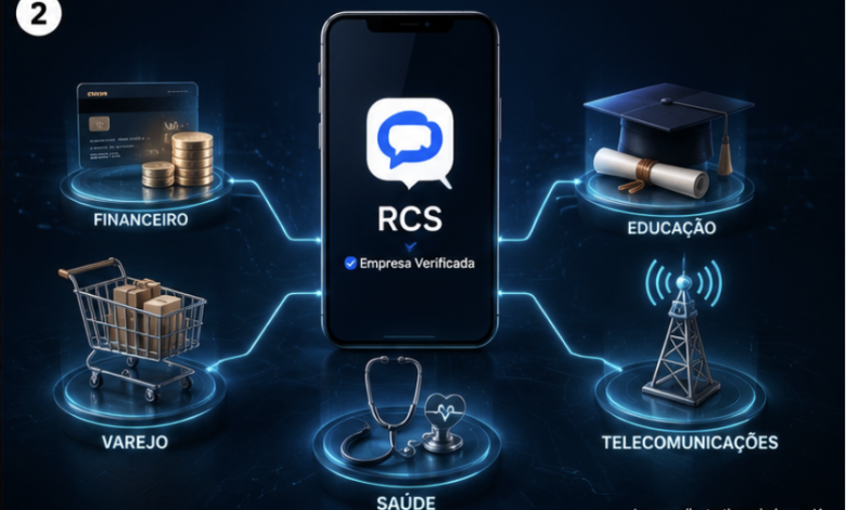 Smartphone com tecnologia RCS conectado aos setores financeiro, varejo, saúde, educação e telecomunicações, representando a transformação do celular em um canal de negócios.