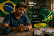 Trabalhador brasileiro utilizando o celular para consultar a renegociação de dívidas em uma mesa simples, com a bandeira do Brasil ao fundo, representando a prorrogação do Desenrola Brasil e a oportunidade de recuperação financeira.