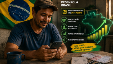 Trabalhador brasileiro utilizando o celular para consultar a renegociação de dívidas em uma mesa simples, com a bandeira do Brasil ao fundo, representando a prorrogação do Desenrola Brasil e a oportunidade de recuperação financeira.