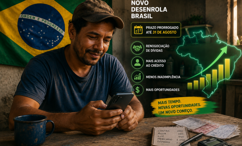 Trabalhador brasileiro utilizando o celular para consultar a renegociação de dívidas em uma mesa simples, com a bandeira do Brasil ao fundo, representando a prorrogação do Desenrola Brasil e a oportunidade de recuperação financeira.