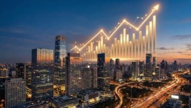 Skyline de uma grande cidade brasileira com gráfico financeiro ascendente representando o crescimento da economia, a redução da taxa de desemprego e os impactos positivos no mercado de crédito.
