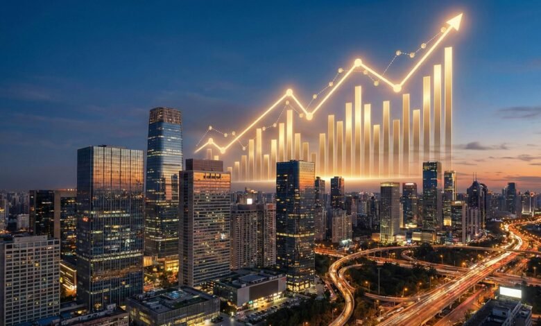 Skyline de uma grande cidade brasileira com gráfico financeiro ascendente representando o crescimento da economia, a redução da taxa de desemprego e os impactos positivos no mercado de crédito.