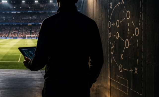 Ilustração de um profissional analisando dados antes de entrar em um estádio de futebol, representando estratégia, tomada de decisão e perpetuidade das empresas.