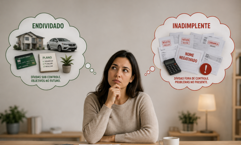 Pessoa pensando sobre a diferença entre estar endividado e inadimplente