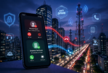 Imagem ilustrativa de smartphone recebendo chamada com selo anti-spam ao lado de torres de telecomunicações, representando a discussão na Anatel sobre o bloqueio de ligações legítimas e chamadas indesejadas.