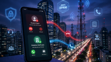 Imagem ilustrativa de smartphone recebendo chamada com selo anti-spam ao lado de torres de telecomunicações, representando a discussão na Anatel sobre o bloqueio de ligações legítimas e chamadas indesejadas.