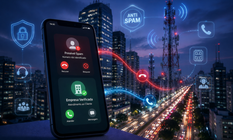 Imagem ilustrativa de smartphone recebendo chamada com selo anti-spam ao lado de torres de telecomunicações, representando a discussão na Anatel sobre o bloqueio de ligações legítimas e chamadas indesejadas.