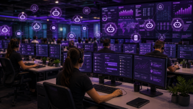 Contact center com agentes de inteligência artificial e profissionais humanos conectados por tecnologia