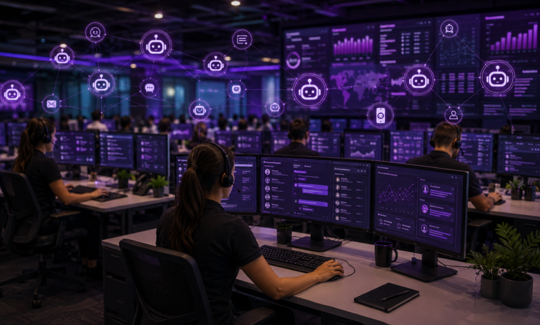 Contact center com agentes de inteligência artificial e profissionais humanos conectados por tecnologia