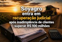 Soyagro entra em recuperação judicial após inadimplência de clientes superar R$ 100 milhões, com plantação de soja, colheitadeira e documentos financeiros ao fundo