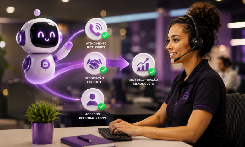 Operadora de cobrança utilizando inteligência artificial conversacional para recuperação de crédito em larga escala. A imagem representa agentes humanos trabalhando em conjunto com IA para automatizar negociações, reduzir custos operacionais e aumentar a eficiência na cobrança.