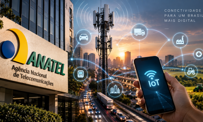 Fachada da Anatel com torre de telecomunicações e dispositivos IoT representando a expansão da conectividade no Brasil