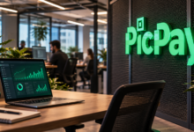 Ambiente de escritório do PicPay com computador e identidade visual da fintech