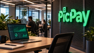 Ambiente de escritório do PicPay com computador e identidade visual da fintech
