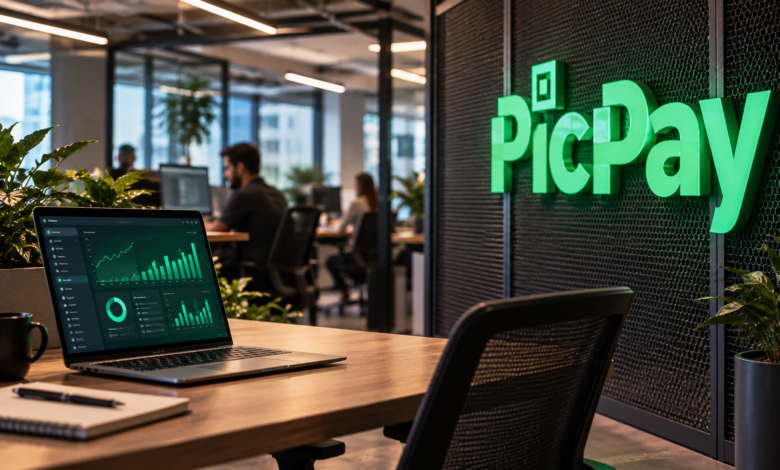 Ambiente de escritório do PicPay com computador e identidade visual da fintech