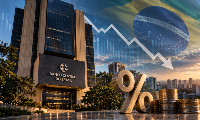 Imagem editorial do Banco Central do Brasil associada ao cenário de juros e à condução da política monetária. A composição reúne a fachada da instituição, moedas, símbolo de porcentagem, bandeira brasileira e elementos gráficos que representam o comportamento das taxas de juros e os impactos da política monetária sobre a economia.