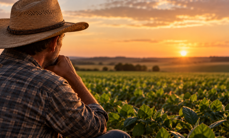 Produtor rural diante do campo representa os desafios do crédito no agronegócio