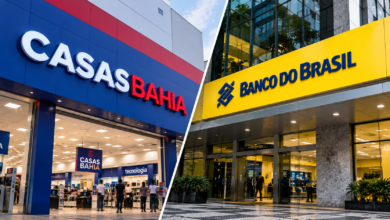 (ALT): Fachadas das lojas Casas Bahia e Banco do Brasil, que aprovou linha de crédito de até R$ 250 milhões para a varejista.