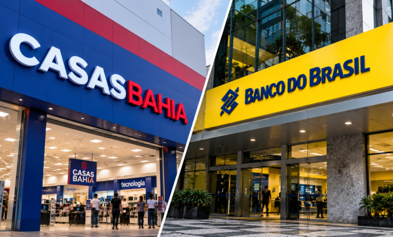 (ALT): Fachadas das lojas Casas Bahia e Banco do Brasil, que aprovou linha de crédito de até R$ 250 milhões para a varejista.