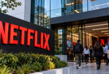 Fachada corporativa ilustrativa da Netflix em notícia sobre corte de aproximadamente mil funcionários.