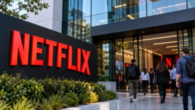 Fachada corporativa ilustrativa da Netflix em notícia sobre corte de aproximadamente mil funcionários.