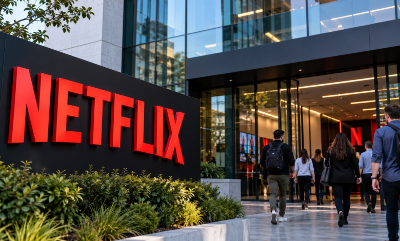 Fachada corporativa ilustrativa da Netflix em notícia sobre corte de aproximadamente mil funcionários.